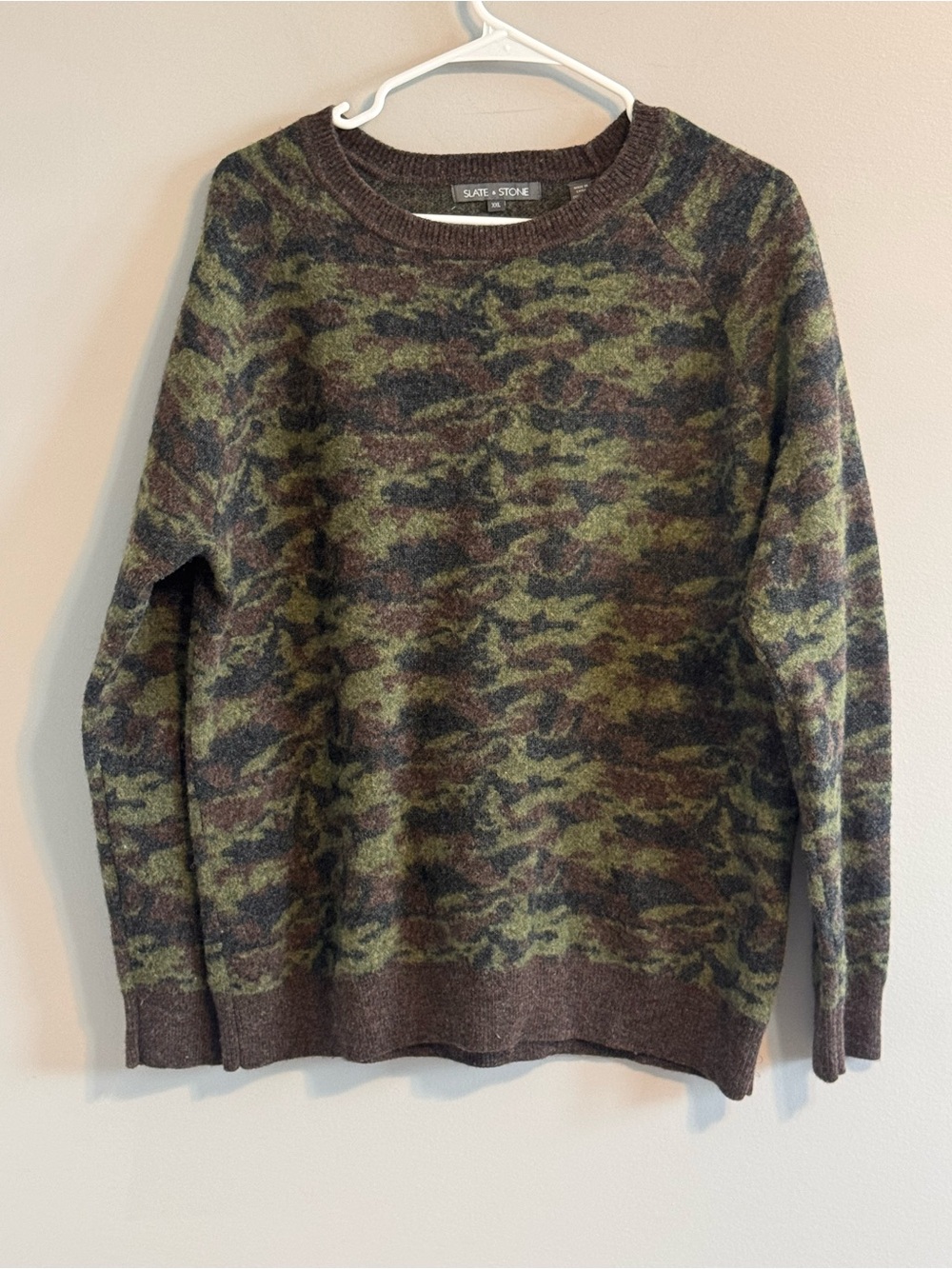 Slate & Stone XXL Wool Blend Camo Camouflage Crewneck Sweater Green Brown